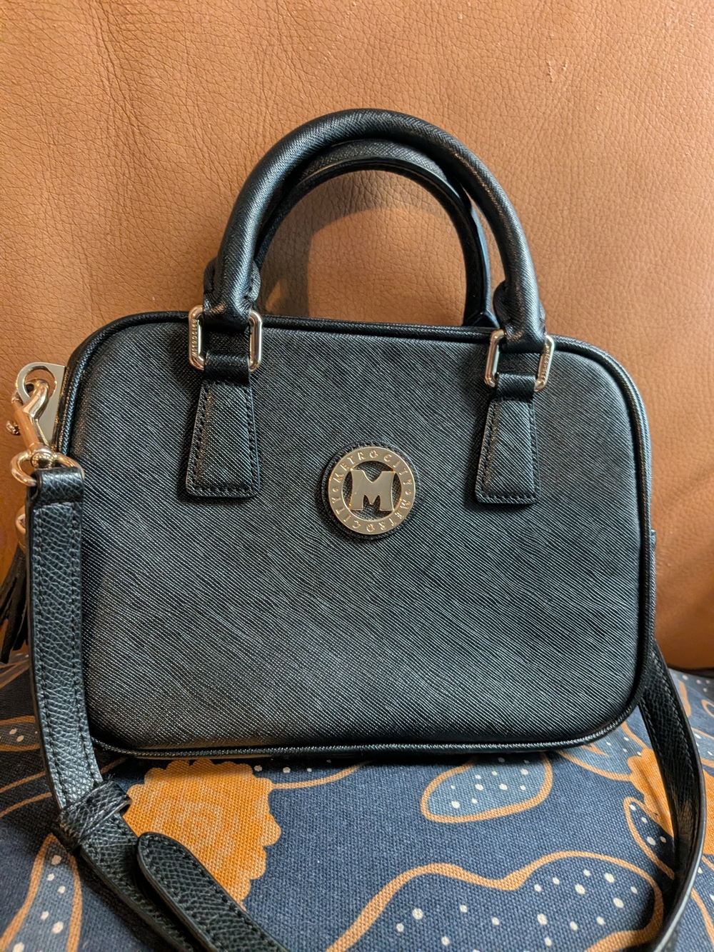 METROCITY Black leather Structured Dome Satchel Handbag - M Logo Accent